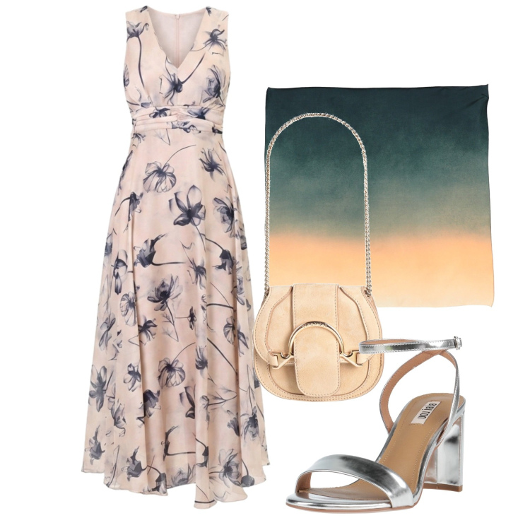 Outfit donna - Invitata. Stile Chic per Serata fuori. Abbinamento con marsupi, sciarpe, sandali in pelle, vestiti lunghi.