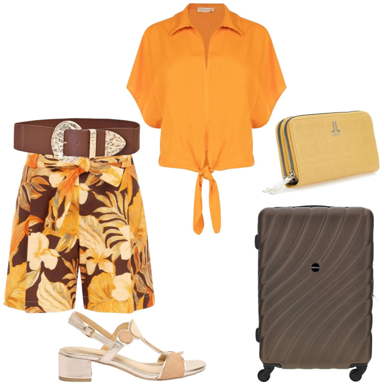 Outfit donna - Total look #2449075. Stile Casual per Tutti i giorni. Abbinamento con sandali col tacco, pantaloni corti, camicie a manica corta, cinture, portafogli, valigie.