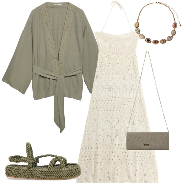 Outfit donna - Aperitivo vista mare. Stile Casual chic per Serata fuori. Abbinamento con kimono, vestiti midi/longuette, collane, sandali, borse a tracolla.