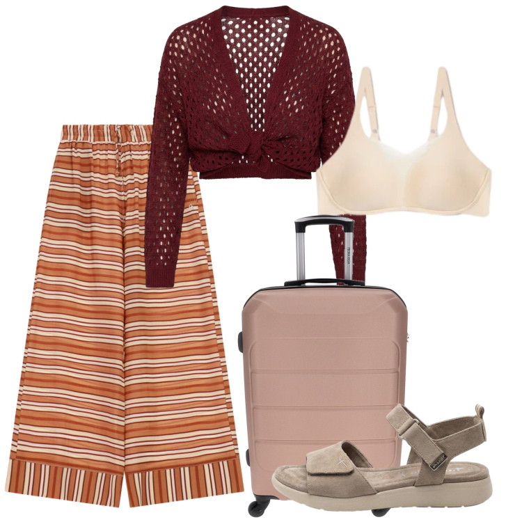 Outfit donna - In viaggio. Stile Basic per Tutti i giorni. Abbinamento con sandali, pantaloni a palazzo, cardigans, reggiseni, valigie.