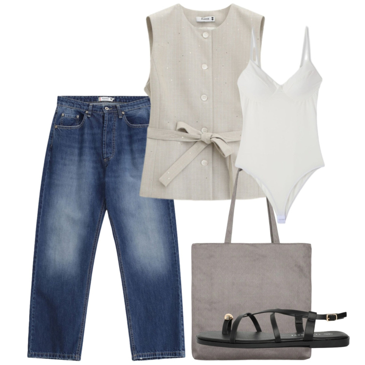 Outfit donna - Informale in ufficio. Stile Bon Ton per Ufficio. Abbinamento con sandali, body, shopping bag, gilet, jeans dritti.