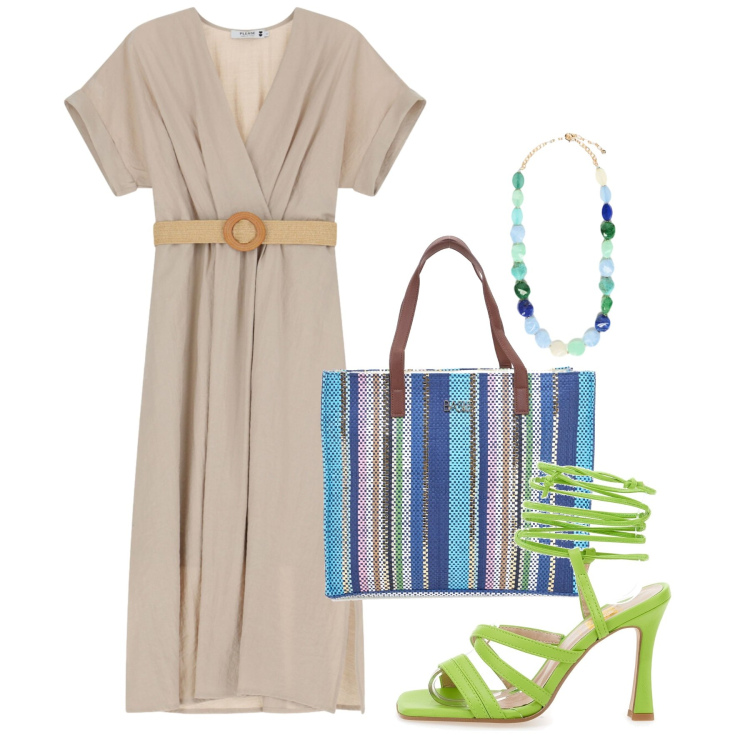 Outfit donna - Note di colore. Stile Bon Ton per Ufficio. Abbinamento con vestiti midi/longuette, collane, sandali col tacco, shopping bag.