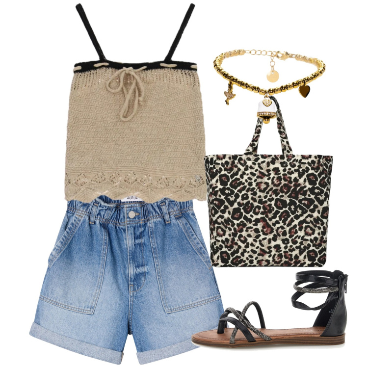 Outfit donna - Crochet di agosto. Stile Casual chic per Serata fuori. Abbinamento con shorts, shopping bag, maglieria, braccialetti, sandali.