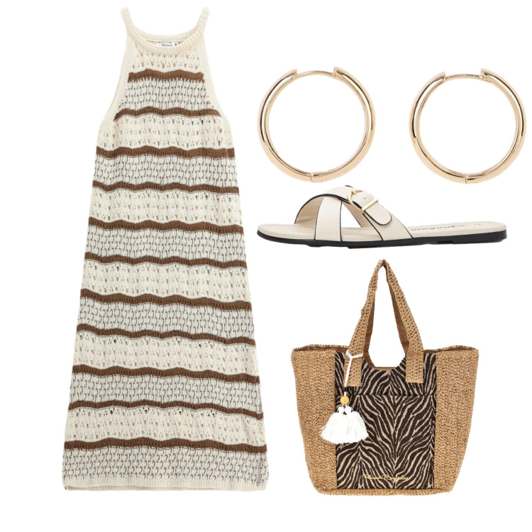 Outfit donna - Agosto. Stile Chic per Tutti i giorni. Abbinamento con ciabatte, orecchini, vestiti midi/longuette, borse a spalla.