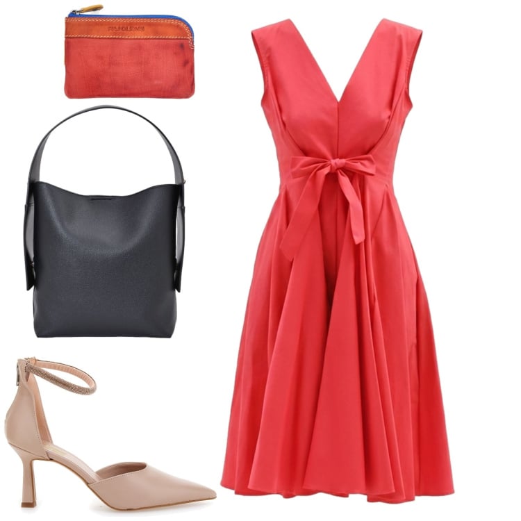 Outfit donna - Rosso fragola. Stile Urban per Tutti i giorni. Abbinamento con vestiti corti, borse a spalla, décolleté, portachiavi.