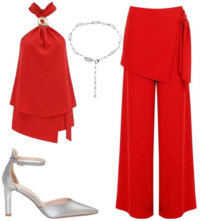 Outfit donna - Svolazzante in rosso. Stile Chic per Cerimonia. Abbinamento con pantaloni a palazzo, cinture, top, décolleté.
