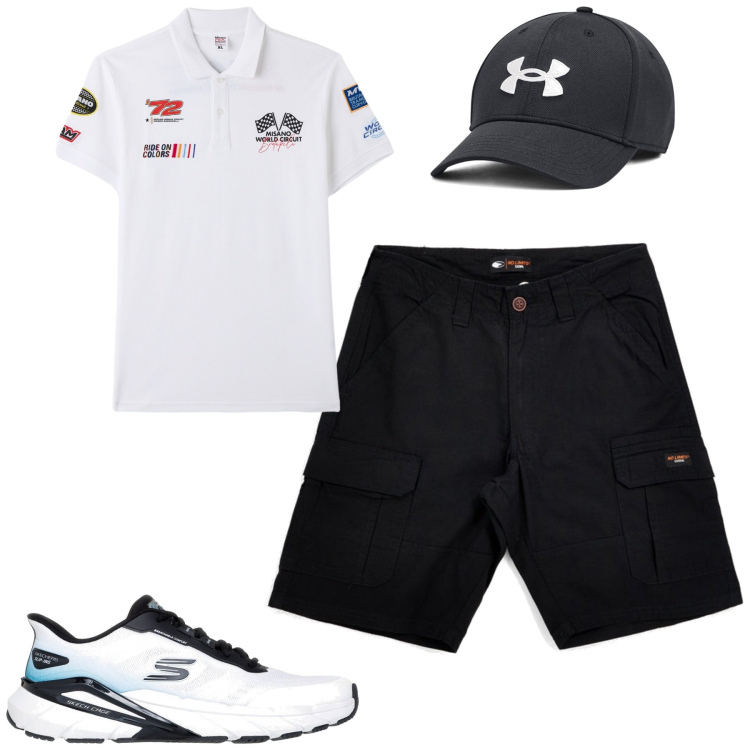 Outfit uomo - Total look #2449094. Stile Casual per Tutti i giorni. Abbinamento con polo, cappelli, bermuda, sneakers.