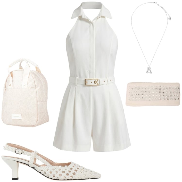Outfit donna - Mare. Stile Casual chic per Tutti i giorni. Abbinamento con zaini, décolleté, tuta corta, accessori per capelli, ciondoli.