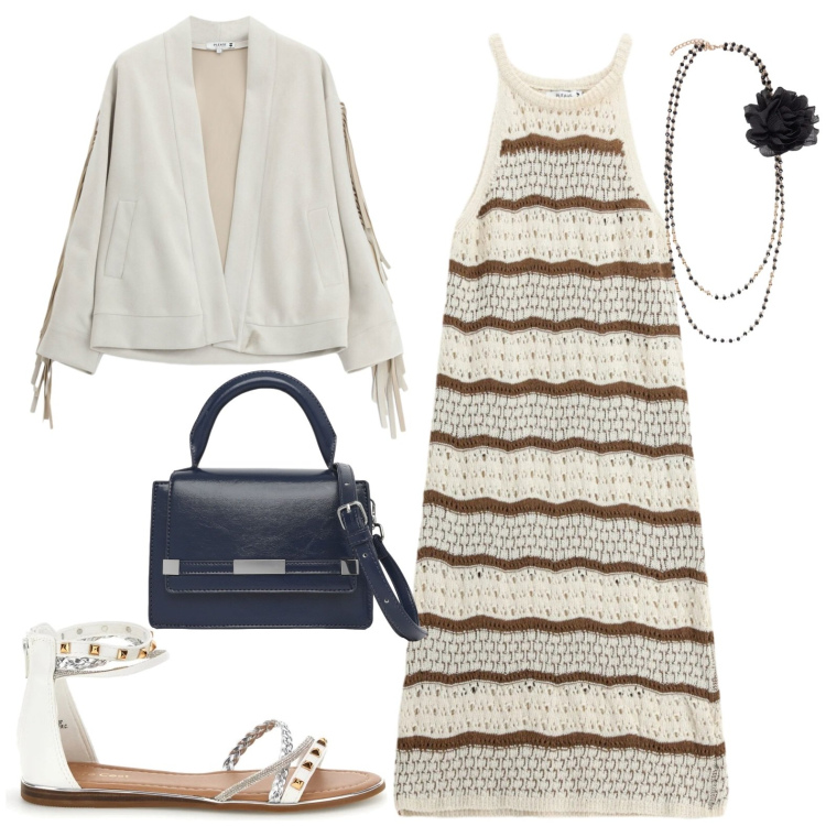 Outfit donna - Aperitivo vista mare. Stile Casual chic per Serata fuori. Abbinamento con borse a spalla, blazer, vestiti midi/longuette, collane, sandali.