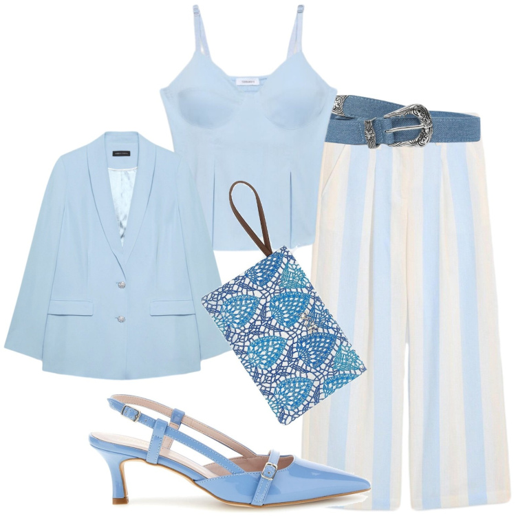 Outfit donna - Aperitivo al mare. Stile Chic per Serata fuori. Abbinamento con pantaloni a palazzo, cinture, canottiere, blazer, décolleté, pochette.