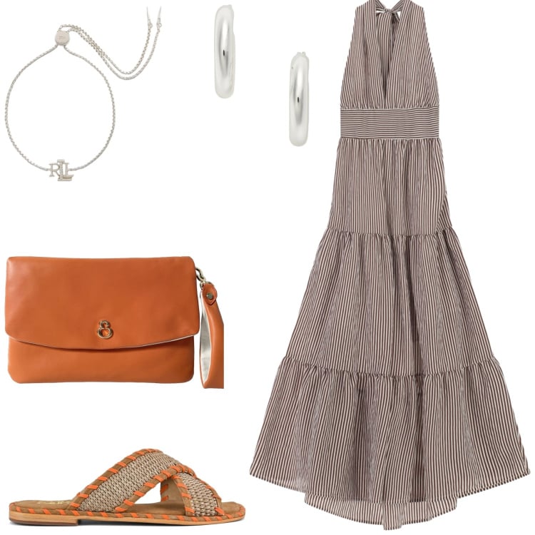 Outfit donna - Total look #2449107. Stile Glamour per Tutti i giorni. Abbinamento con vestiti lunghi, orecchini, braccialetti, pochette, ciabatte.