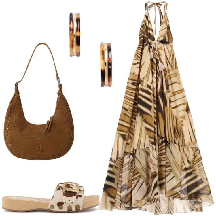 Outfit donna - In the summer. Stile Chic per Tutti i giorni. Abbinamento con borse a spalla, vestiti midi/longuette, orecchini, ciabatte.