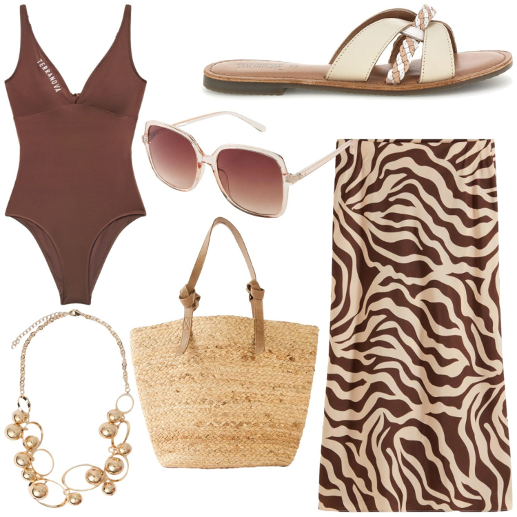 Outfit donna - in spiaggia dall\' alba al tramonto. Stile Chic per Mare. Abbinamento con occhiali da sole, shopping bag, gonne longuette, costumi interi, collane, ciabatte.