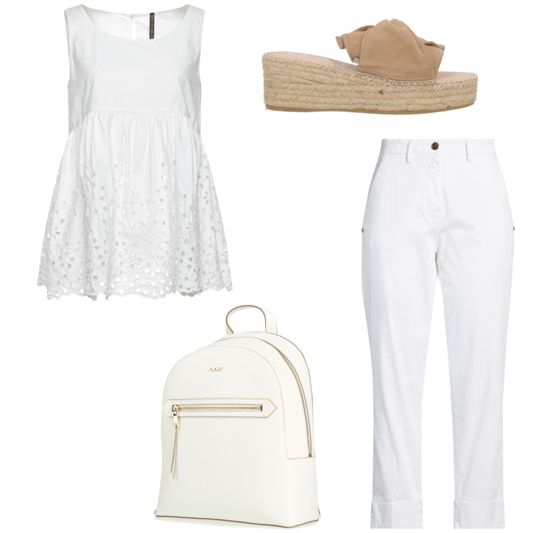 Outfit donna - Ferragosto in città. Stile Chic per Tutti i giorni. Abbinamento con zaini, pantaloni, top, espadrillas.