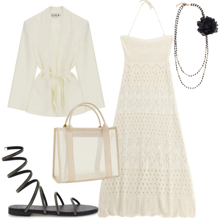 Outfit donna - Cena al mare. Stile Casual chic per Serata fuori. Abbinamento con borse tote, blazer, vestiti midi/longuette, collane, sandali.