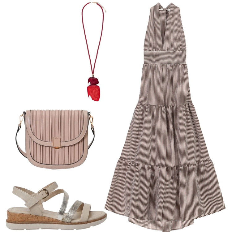 Outfit donna - Abito lungo a righe sottili. Stile Casual per Tutti i giorni. Abbinamento con sandali, vestiti lunghi, borse a tracolla, ciondoli.