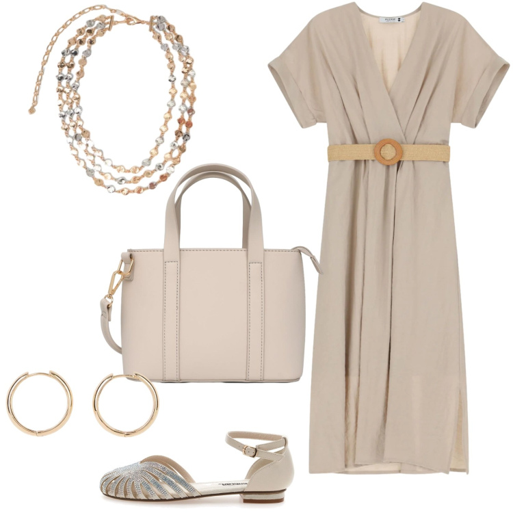 Outfit donna - Lavoro estate. Stile Casual per Ufficio. Abbinamento con orecchini, borse a tracolla, vestiti midi/longuette, collane, sandali.