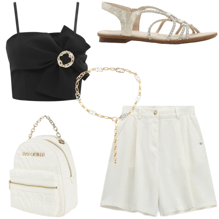 Outfit donna - Il top dell\' estate. Stile Chic per Serata fuori. Abbinamento con zaini, sandali, bermuda, cinture, top.