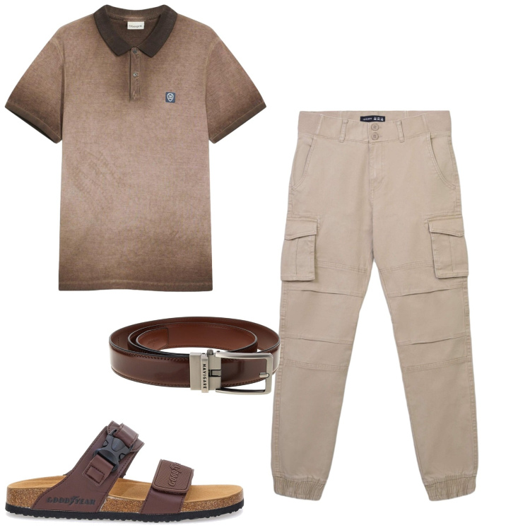 Outfit uomo - Toni della terra. Stile Casual per Tutti i giorni. Abbinamento con polo, pantaloni cargo, sandali, cinture.