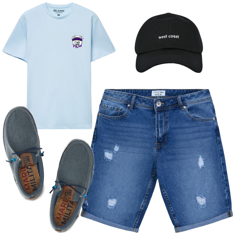 Outfit uomo - Total look #2449126. Stile Casual per Tutti i giorni. Abbinamento con bermuda, t-shirt, cappelli con visiera, scarpe stringate.