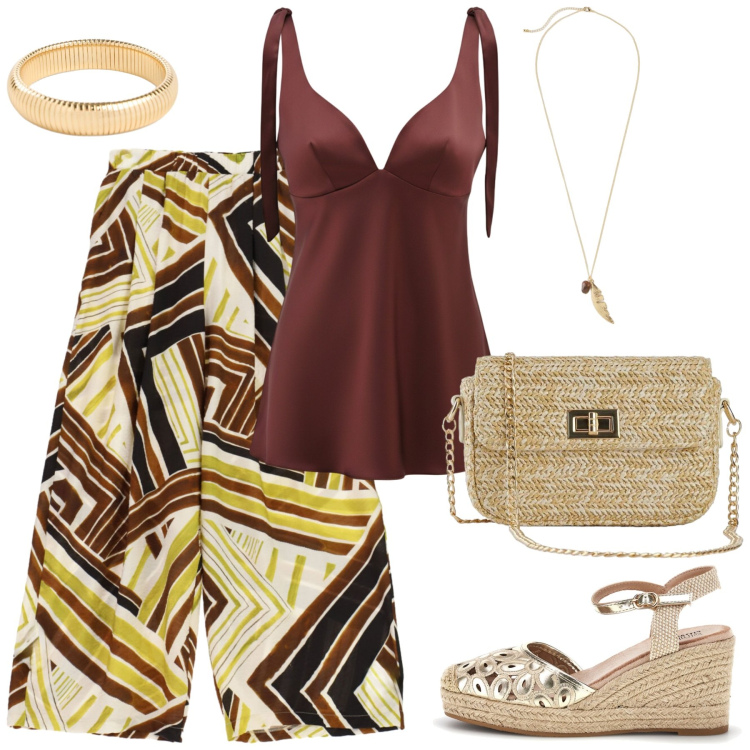 Outfit donna - Total look #2449129. Stile Casual chic per Serata fuori. Abbinamento con braccialetti, borse a tracolla, collane, pantaloni a palazzo, top, zeppe.