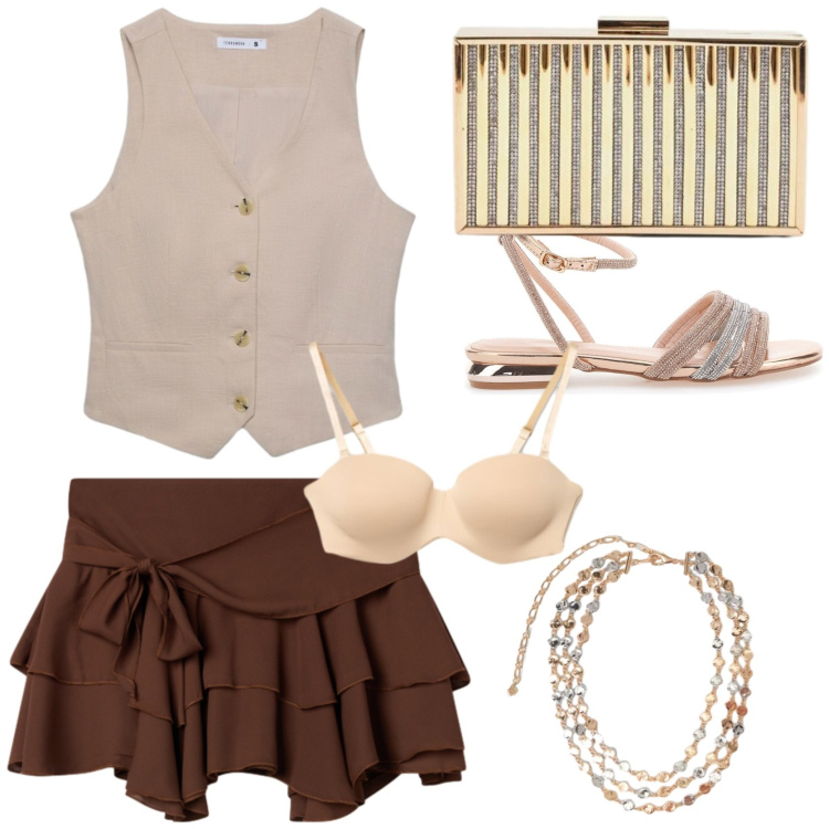 Outfit donna - Soluzione Chic per l\' aperitivo. Stile Chic per Serata fuori. Abbinamento con minigonne, gilet, reggiseni, clutch, collane, sandali.