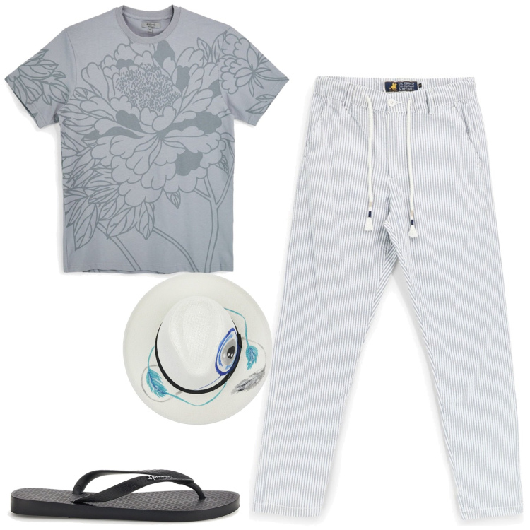 Outfit uomo - In vacanza. Stile Casual per Mare. Abbinamento con t-shirt, cappelli, sandali, pantaloni.