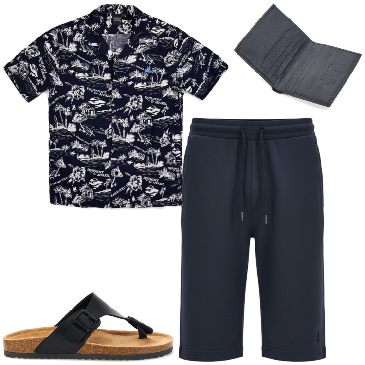Outfit uomo - Total look #2449135. Stile Casual per Tutti i giorni. Abbinamento con camicie a manica corta, portafogli, sandali, pantaloni corti.