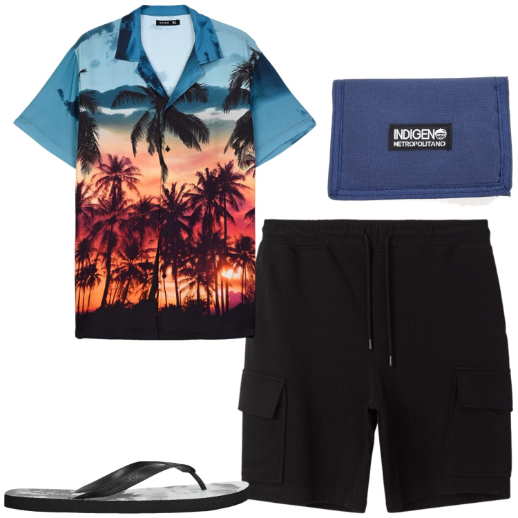 Outfit uomo - Al mare. Stile Casual per Mare. Abbinamento con camicie a manica corta, sandali, bermuda, portafogli.