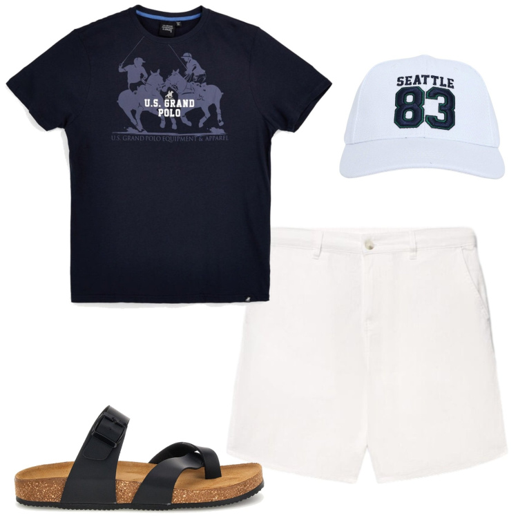 Outfit uomo - Mare. Stile Casual per Mare. Abbinamento con cappelli con visiera, shorts, sandali, t-shirt.