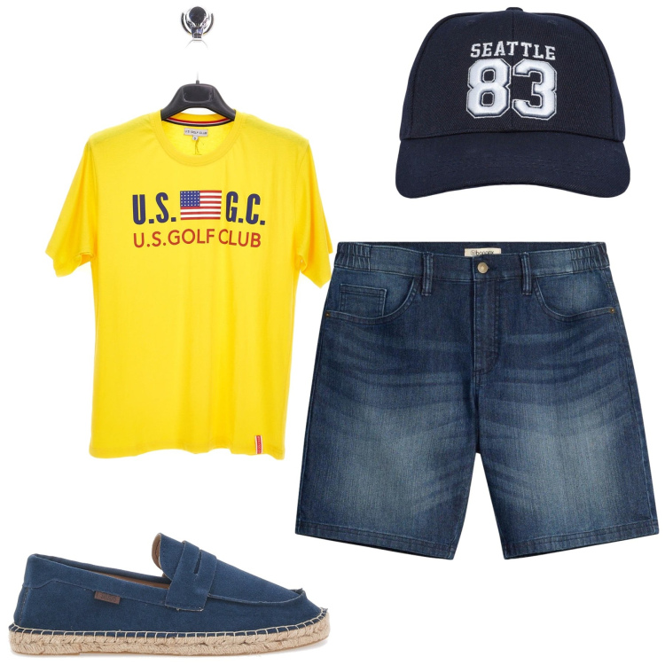 Outfit uomo - Total look #2449143. Stile Casual per Tutti i giorni. Abbinamento con shorts, cappelli con visiera, t-shirt, espadrillas.