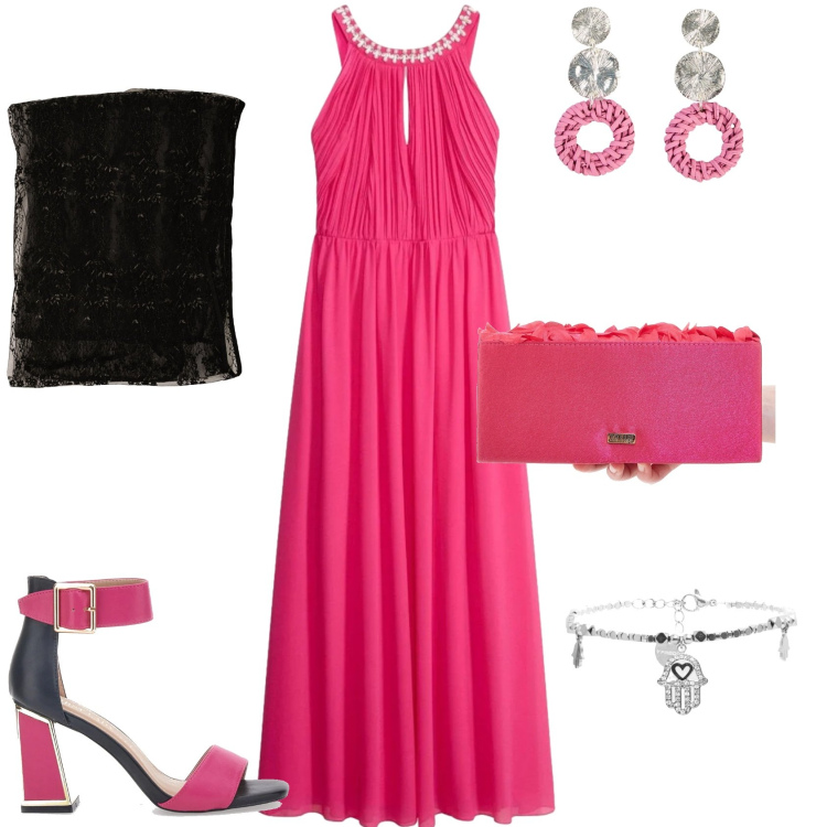 Outfit donna - Chi serata evento speciale. Stile Chic per Serata fuori. Abbinamento con orecchini, vestiti lunghi, stole, braccialetti, sandali col tacco, pochette.