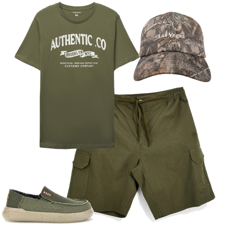 Outfit uomo - Total look #2449145. Stile Casual per Tutti i giorni. Abbinamento con cappelli con visiera, t-shirt, bermuda, scarpe stringate.