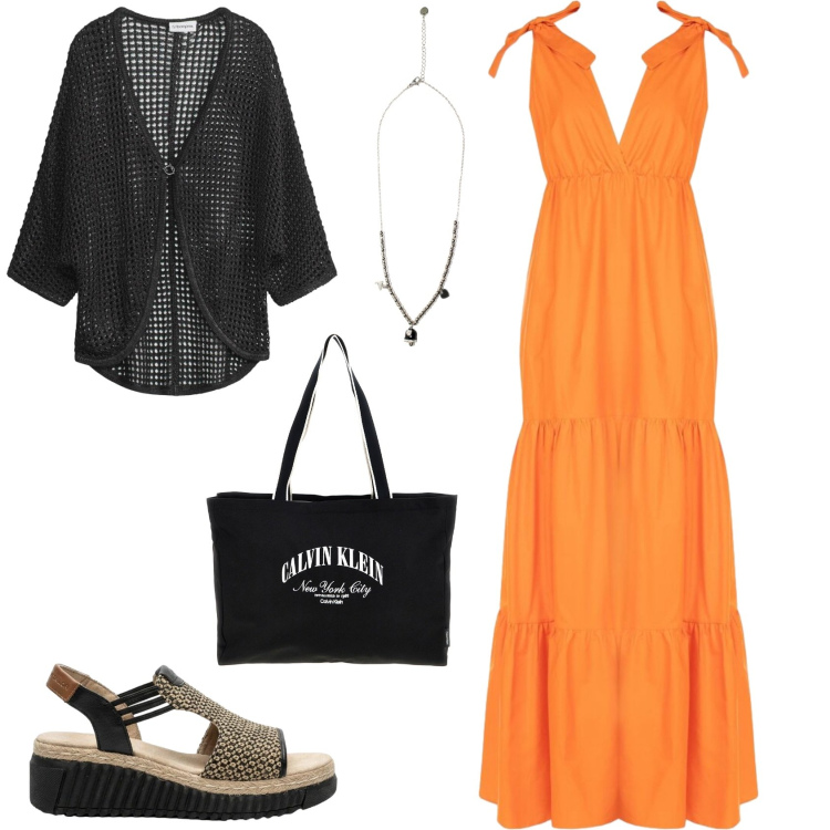 Outfit donna - Casual chic in vacanza. Stile Casual chic per Mare. Abbinamento con cardigans, sandali, vestiti lunghi, ciondoli, borse a spalla.