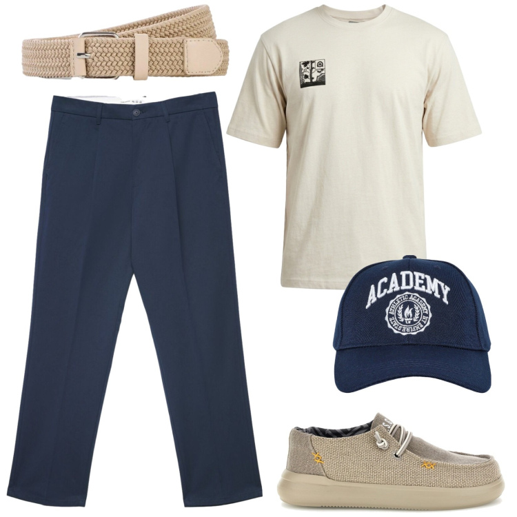 Outfit uomo - La t-shirt d\'estate. Stile Urban per Tutti i giorni. Abbinamento con cinture, cappelli con visiera, pantaloni chino, scarpe stringate, t-shirt.