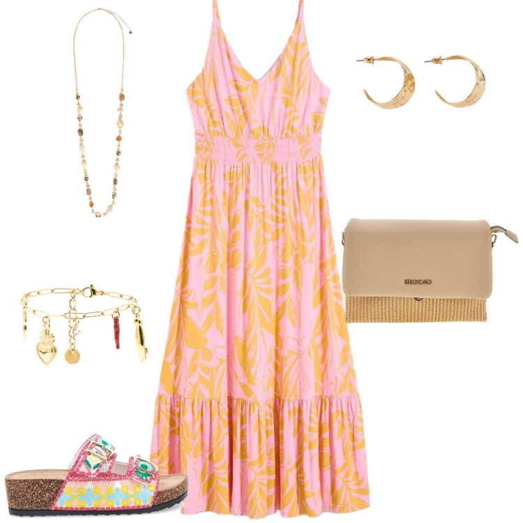 Outfit donna - Boho al mare. Stile Boho per Mare. Abbinamento con vestiti, orecchini, collane, braccialetti, ciabatte, borse a spalla.