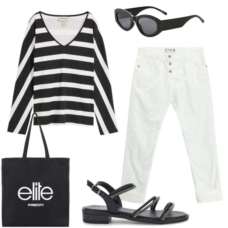 Outfit donna - Pomeriggio di shopping. Stile Casual chic per Tutti i giorni. Abbinamento con bluse, occhiali da sole, pantaloni, shopping bag, sandali.
