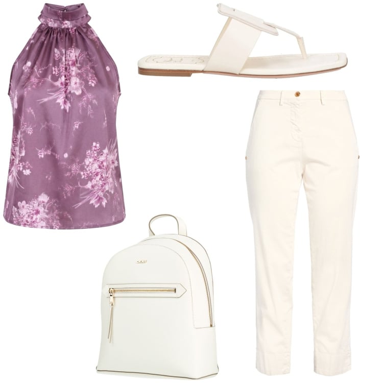 Outfit donna - Sere d \'estate. Stile Chic per Serata fuori. Abbinamento con zaini, pantaloni, ciabatte, top.