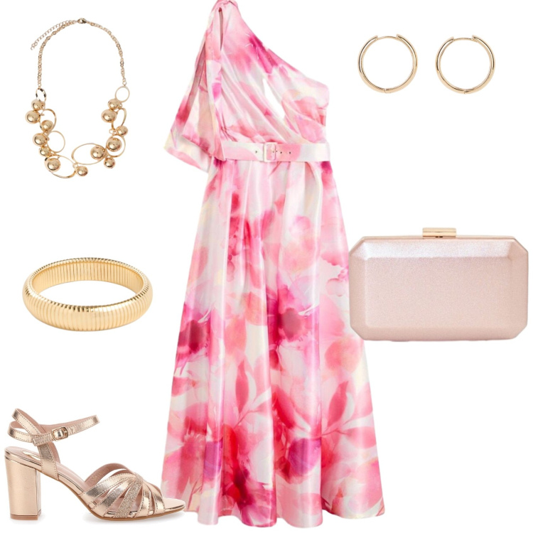 Outfit donna - Romantica chic serata evento cerimonia. Stile Romantica per Serata fuori. Abbinamento con orecchini, braccialetti, vestiti asimmetrici, clutch, collane, sandali col tacco.
