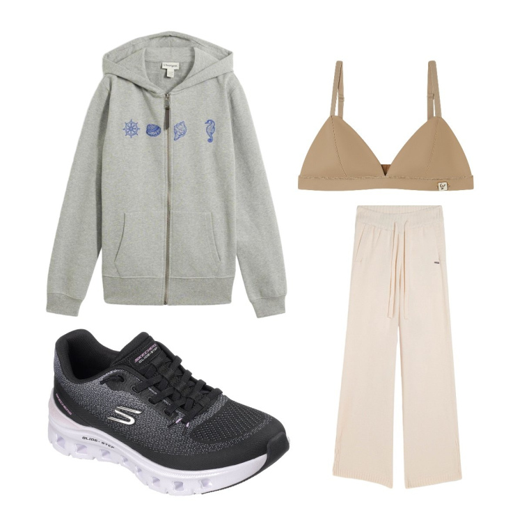 Outfit donna - Agosto. Stile Basic per Sport. Abbinamento con felpe con cappuccio, top sportivi, pantaloni, sneakers.