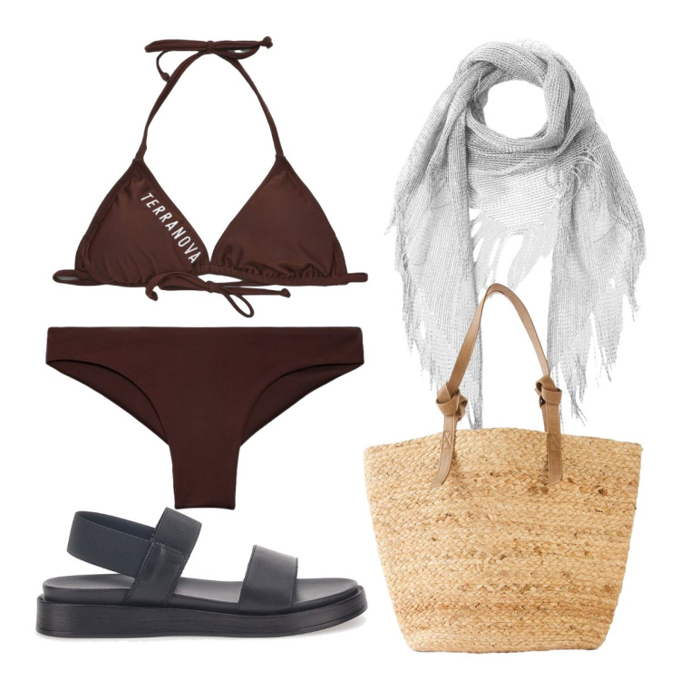 Outfit donna - Agosto. Stile Casual per Mare. Abbinamento con shopping bag, bikini, vestiti da spiaggia, bikini, sandali in pelle.