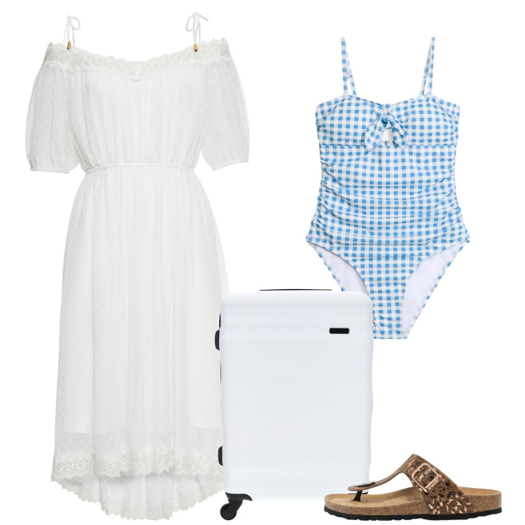 Outfit donna - Nizza. Stile Vintage retrò per Mare. Abbinamento con vestiti asimmetrici, infradito, costumi interi, valigie.