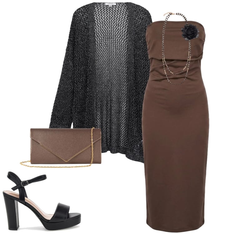 Outfit donna - Cena vista mare. Stile Chic per Serata fuori. Abbinamento con kimono, clutch, vestiti midi/longuette, collane, sandali col tacco.