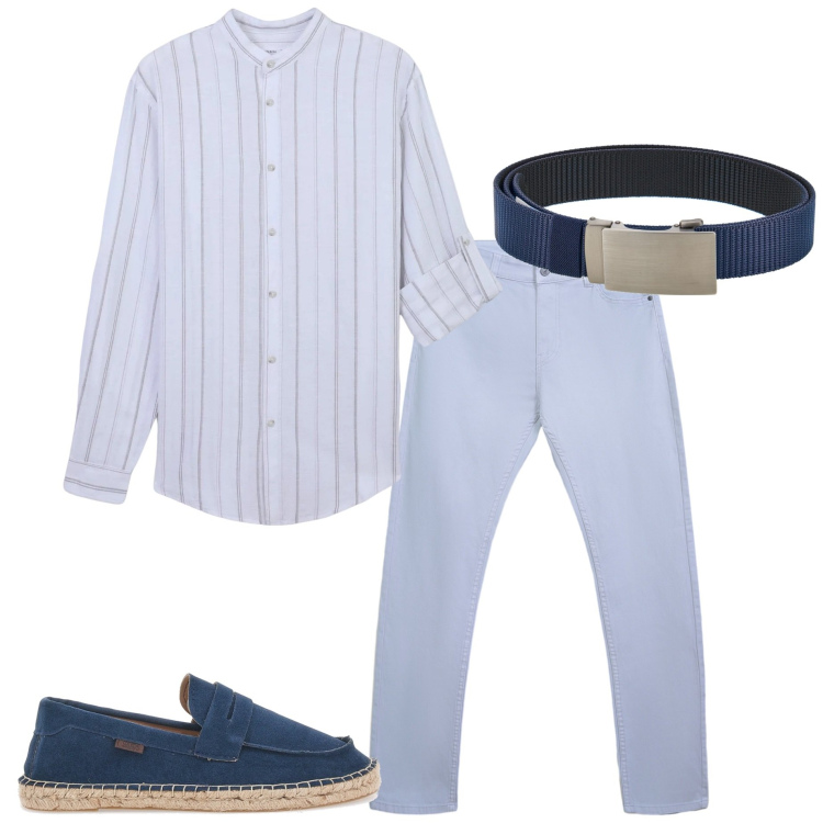 Outfit uomo - Cena in vacanza. Stile Casual per Mare. Abbinamento con pantaloni skinny, camicie, espadrillas, cinture.