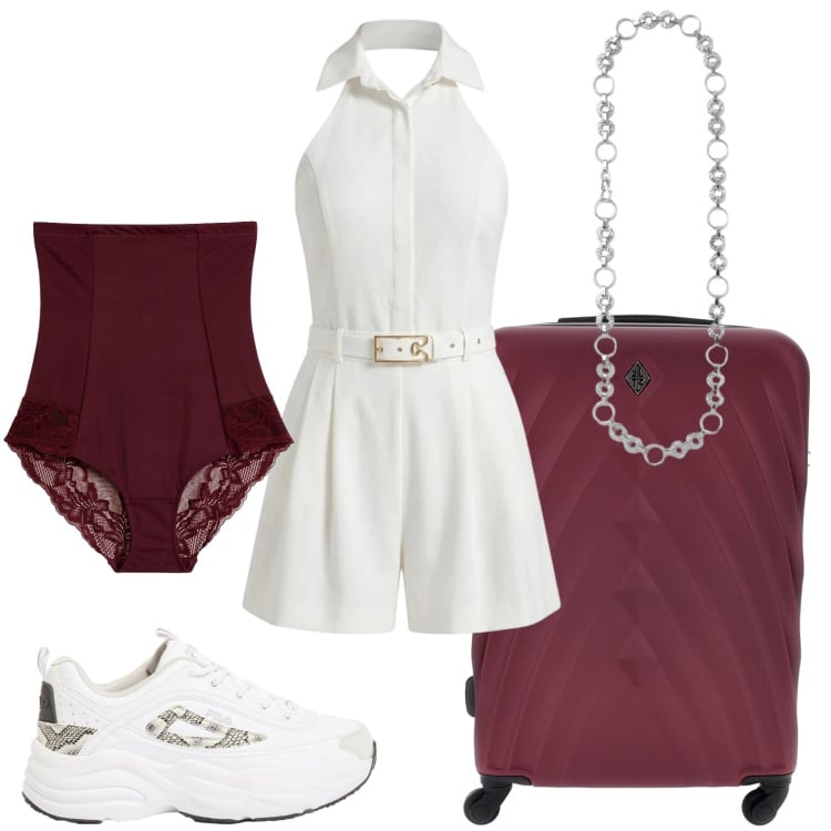 Outfit donna - Relax chic. Stile Chic per Tutti i giorni. Abbinamento con culotte, sneakers, cinture, tuta corta, valigie.