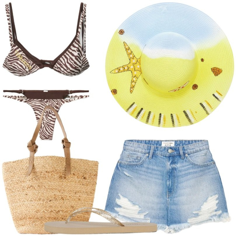 Outfit donna - Trendy al mare. Stile Sexy per Mare. Abbinamento con shopping bag, bikini, infradito, shorts, bikini, cappelli.