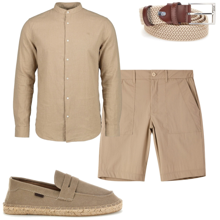 Outfit uomo - Cena in vacanza. Stile Casual per Mare. Abbinamento con pantaloni corti, cinture, espadrillas, camicie.