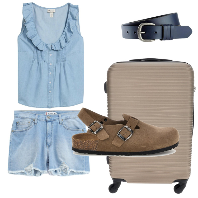 Outfit donna - Weekend casual. Stile Casual per Tutti i giorni. Abbinamento con cinture, top, shorts, sabot, valigie.