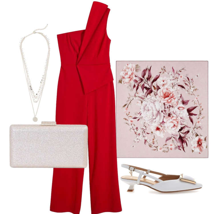 Outfit donna - Agosto. Stile Chic per Cerimonia. Abbinamento con tute, collane, foulard, clutch, décolleté.