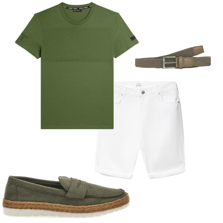 Outfit uomo - T-shirt capo dell\' estate. Stile Casual per Tutti i giorni. Abbinamento con cinture, bermuda, t-shirt, scarpe stringate.